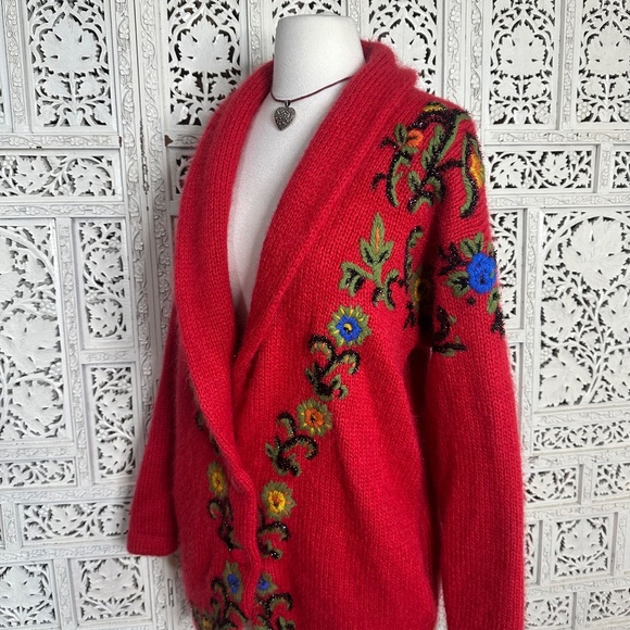 Vintage Cervelle Red Embroidered Wool Blend Chunky Oversized Longline Cardigan - Picture 6 of 8